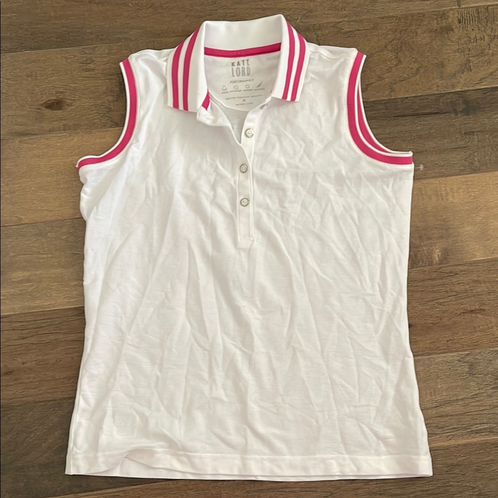Kate Lord Women's White Sleeveless Polo Shirt with Pink Trim